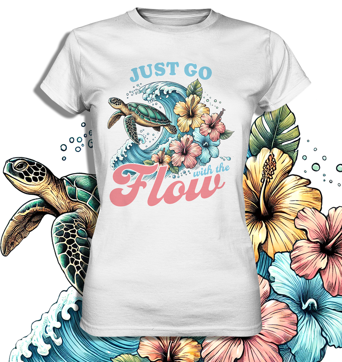 Weißes T-Shirt, Vorderansicht. Schildkröte, Blüten und „Just Go with the Flow“-Schriftzug. Daneben ist das Motiv vergrößert dargestellt.
