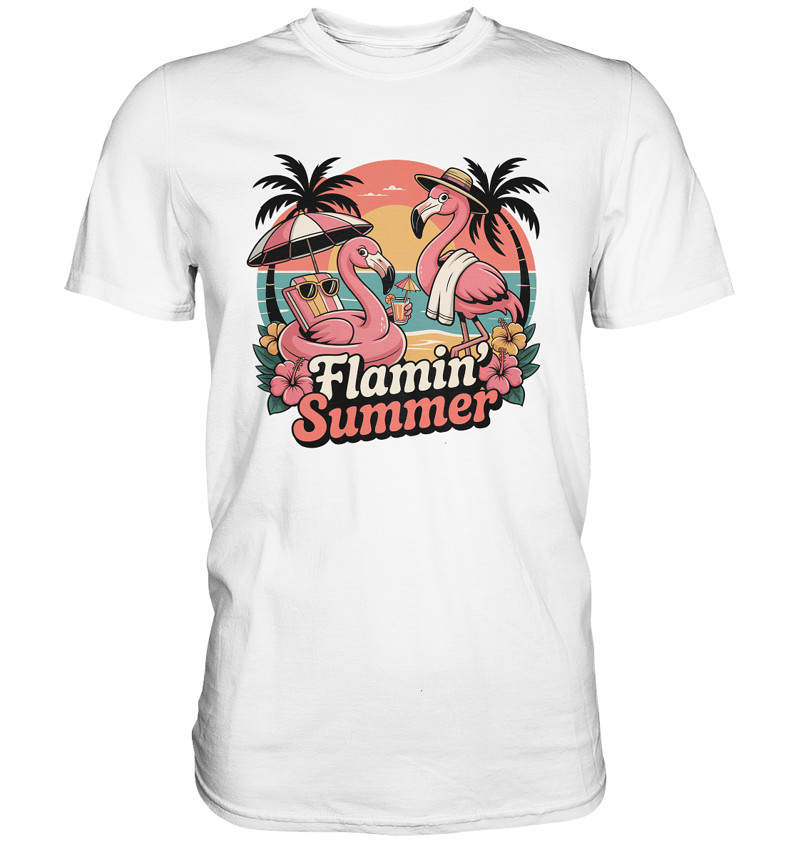 Weißes Flamin’ Summer T-Shirt mit Flamingos und Palmen, Vorderansicht.