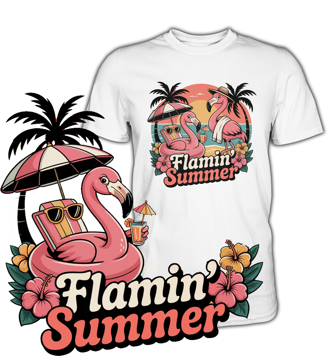Weißes T-Shirt, Vorderansicht. Flamingo mit Sonnenbrille, Palmen und „Flamin’ Summer“-Schriftzug. Daneben ist das Motiv vergrößert dargestellt.