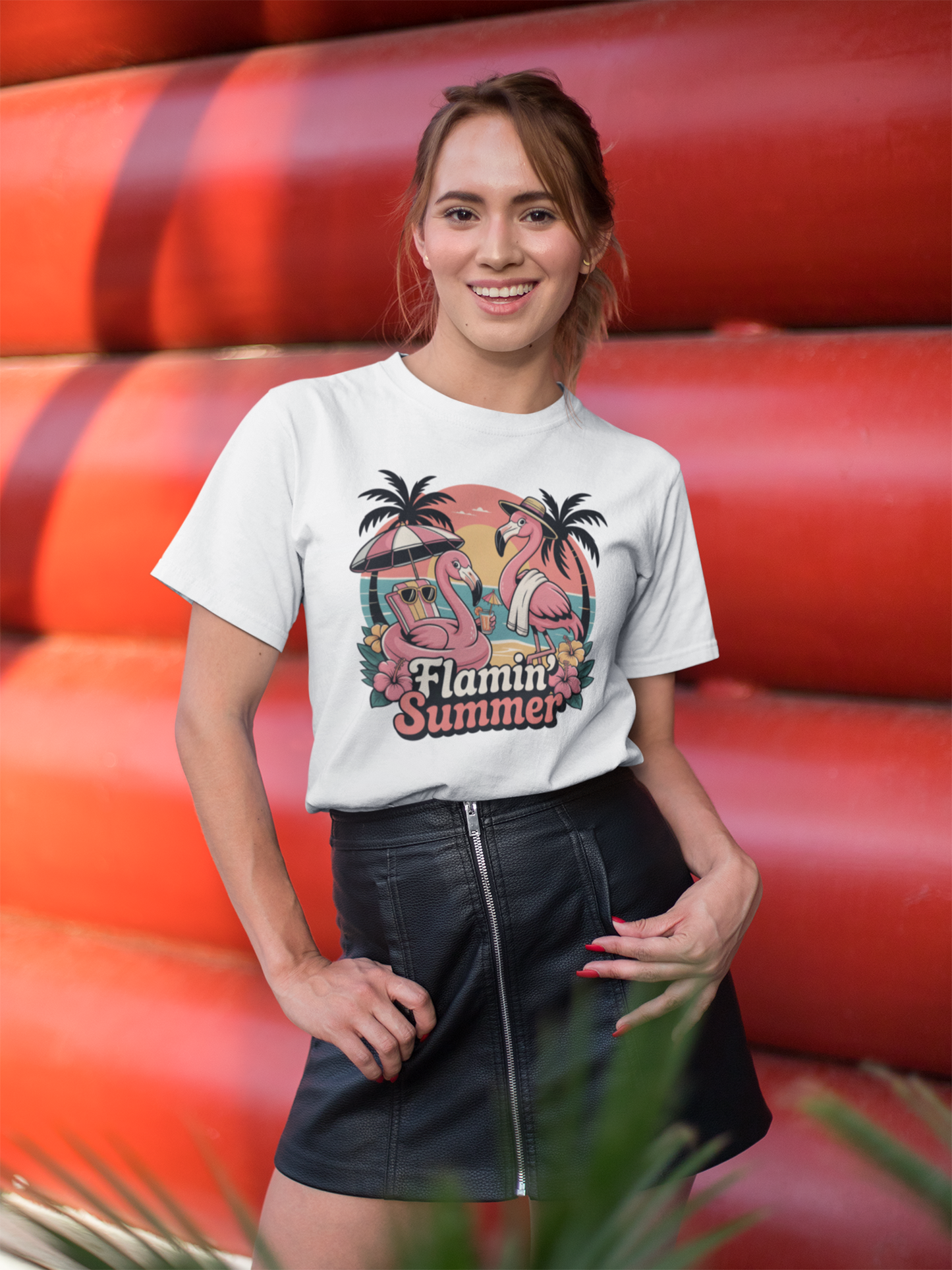 Model trägt weißes Flamin’ Summer T-Shirt zur dunklen Hose vor roter Wand.