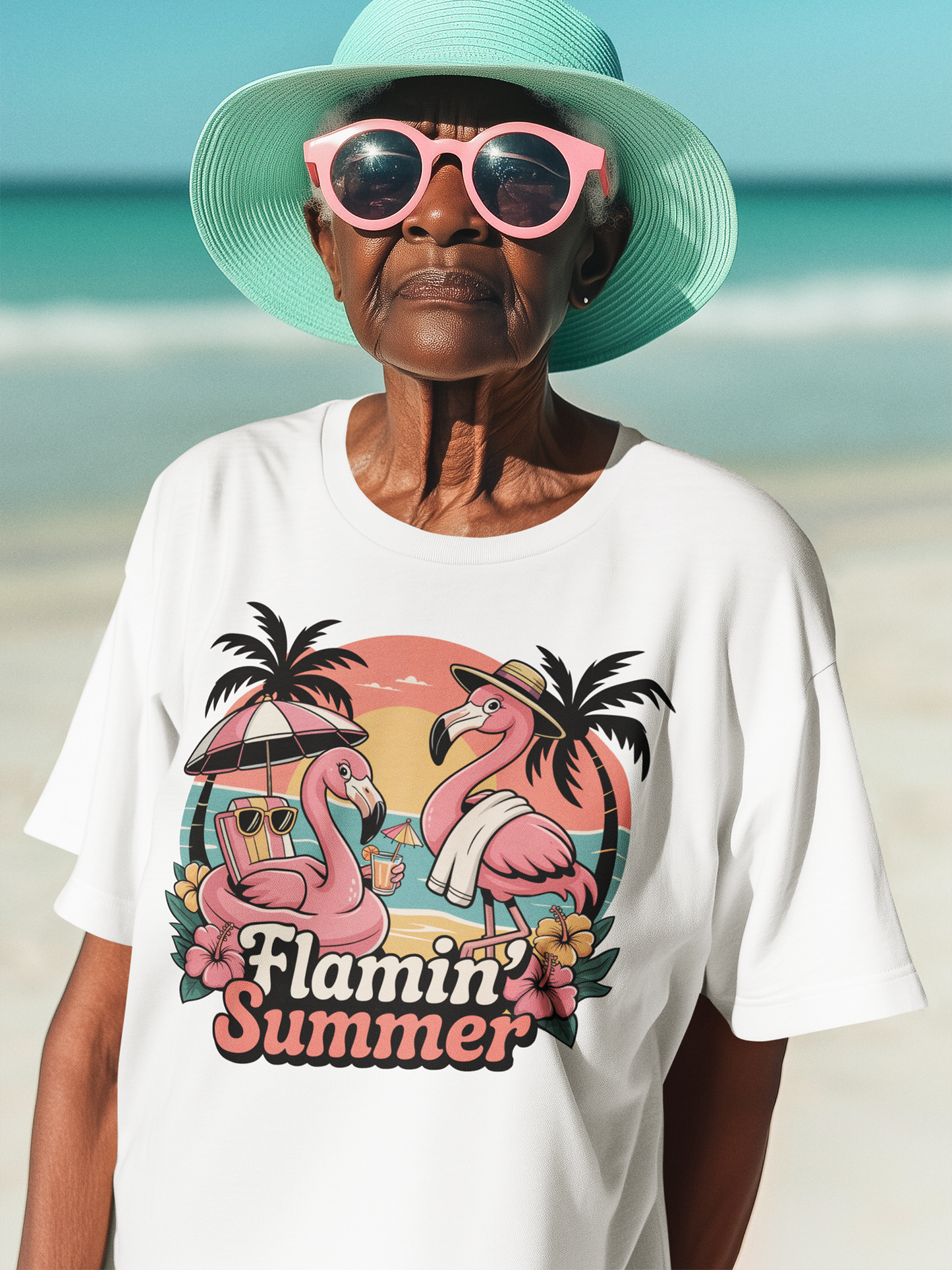 Flamin Summer Retro Flamingos at the beach - Premium T-Shirt