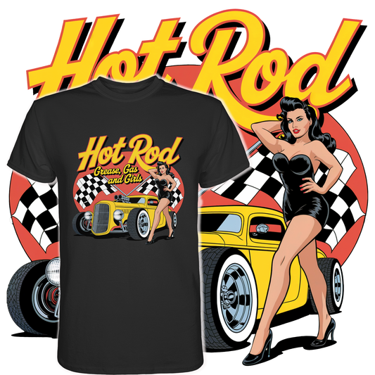 Schwarzes T-Shirt mit Rockabilly-Motiv und Text „Hot Rod Grease Gas and Girls“ im Vintage-Design. Im Hintergrund vergrößerte Darstellung des Motivs.