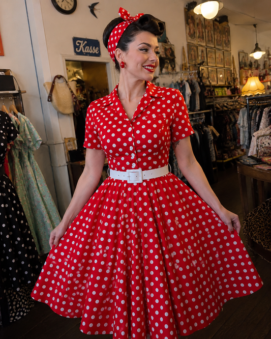 Red Polka Rockabilly Kleid - Retro Hemdblusenkleid im 50s Style