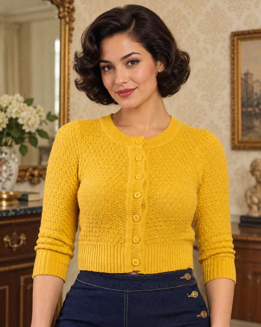 Fara Cardigan mustard – Retro-Strickjacke in Senfgelb