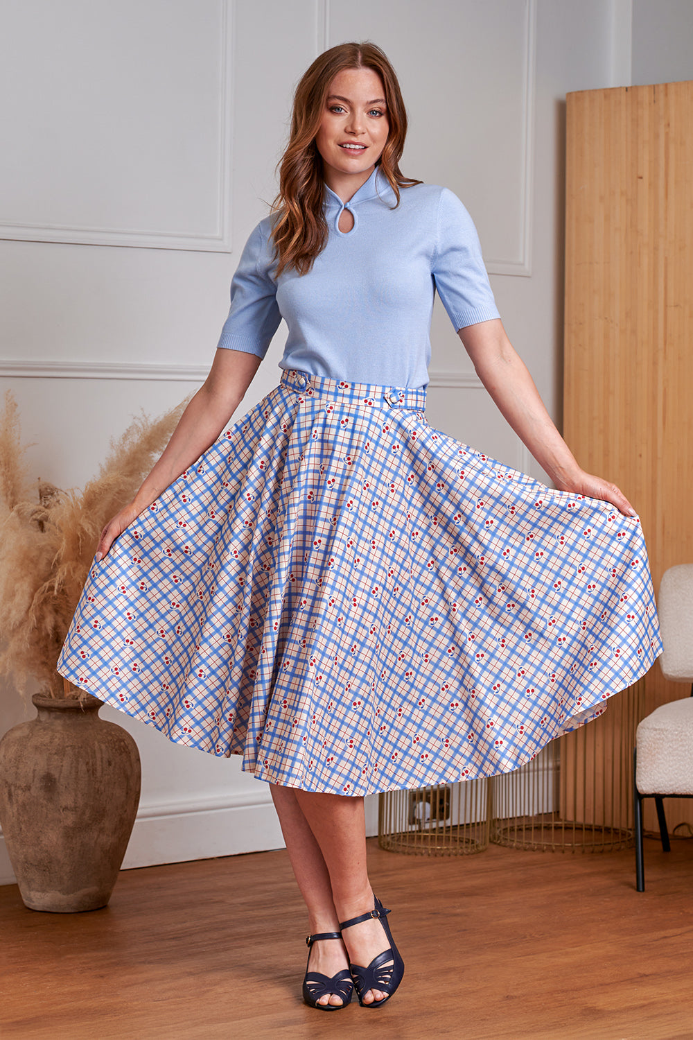 Annie Cherry Check Skirt blau - Rock mit Kirschen