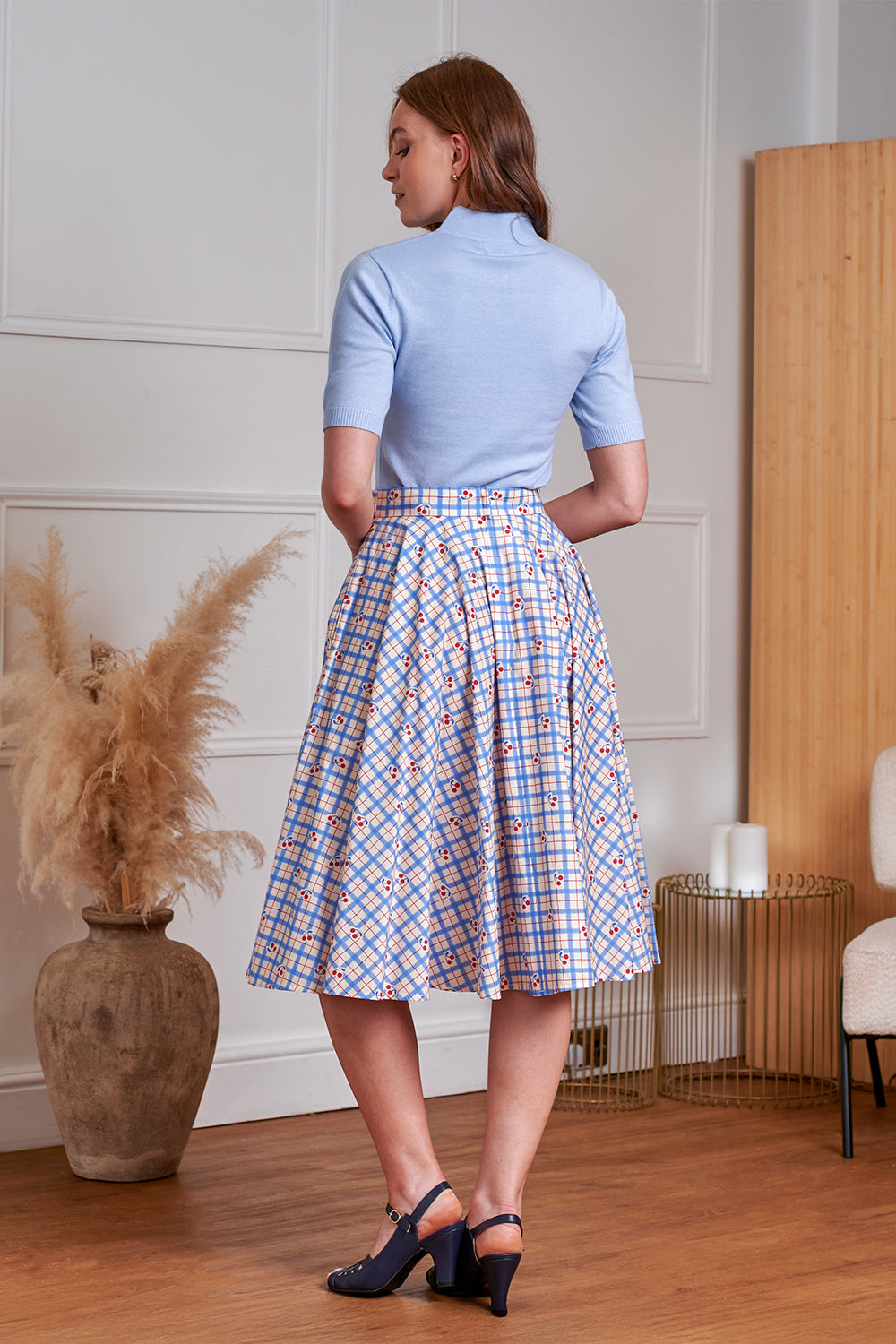 Annie Cherry Check Skirt blau - Rock mit Kirschen