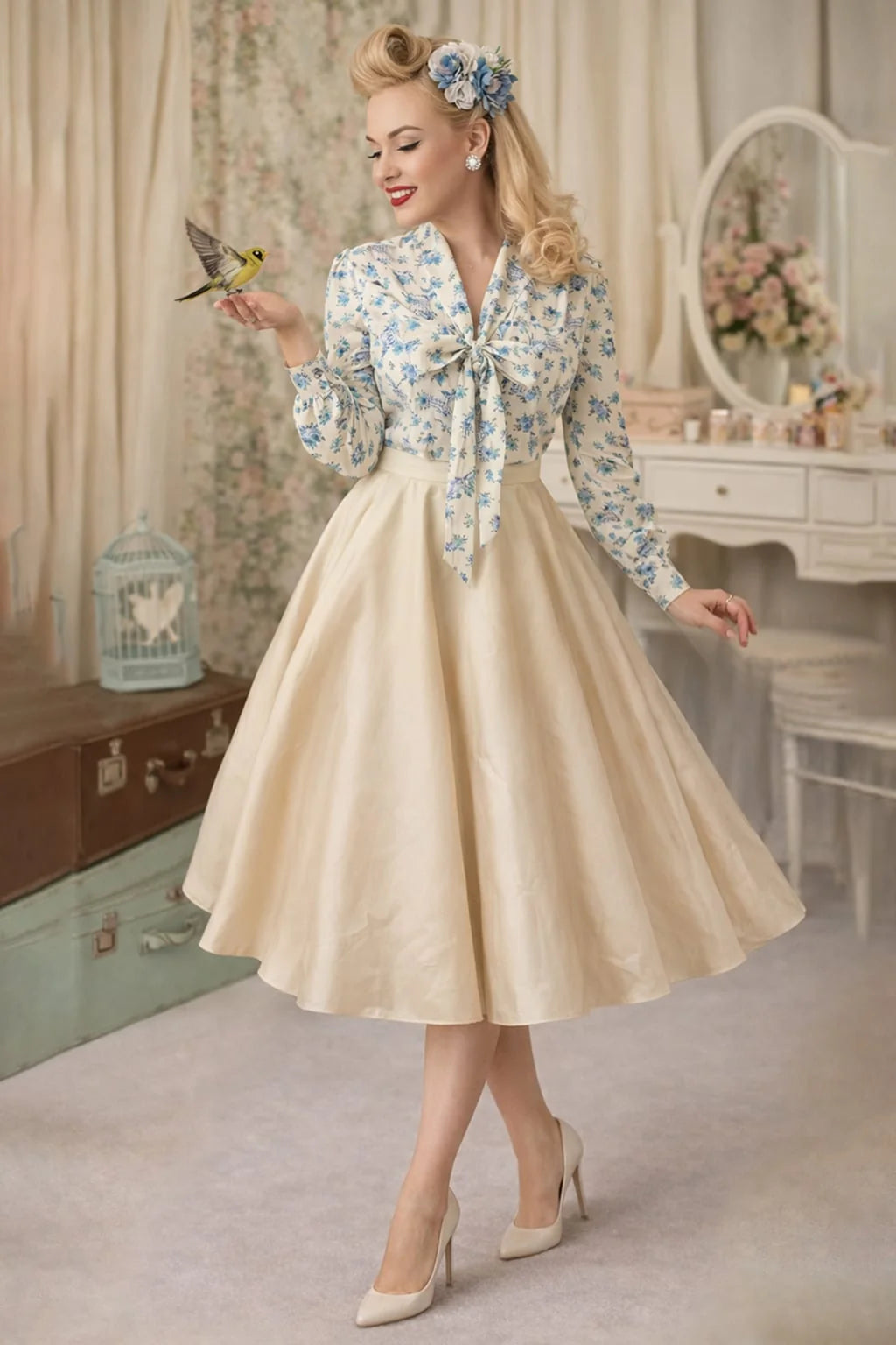 Maisie Skirt – cremefarbener Vintage-Tellerrock mit Taschen