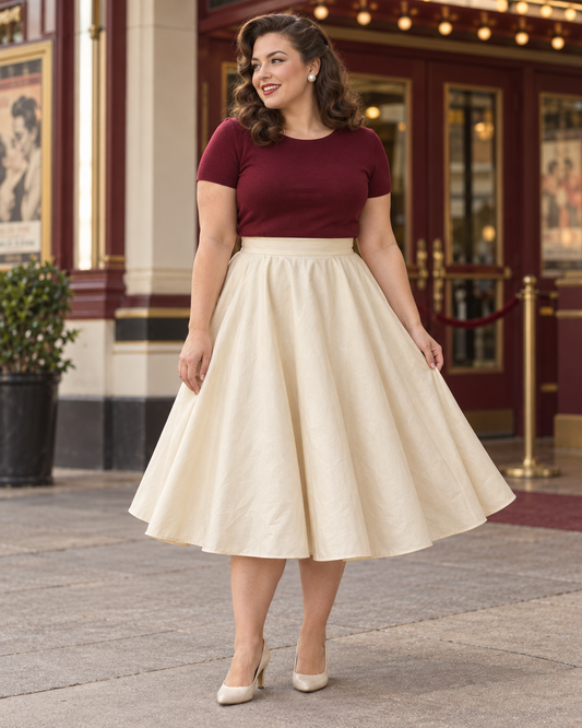 Maisie Skirt – cremefarbener Vintage-Tellerrock mit Taschen