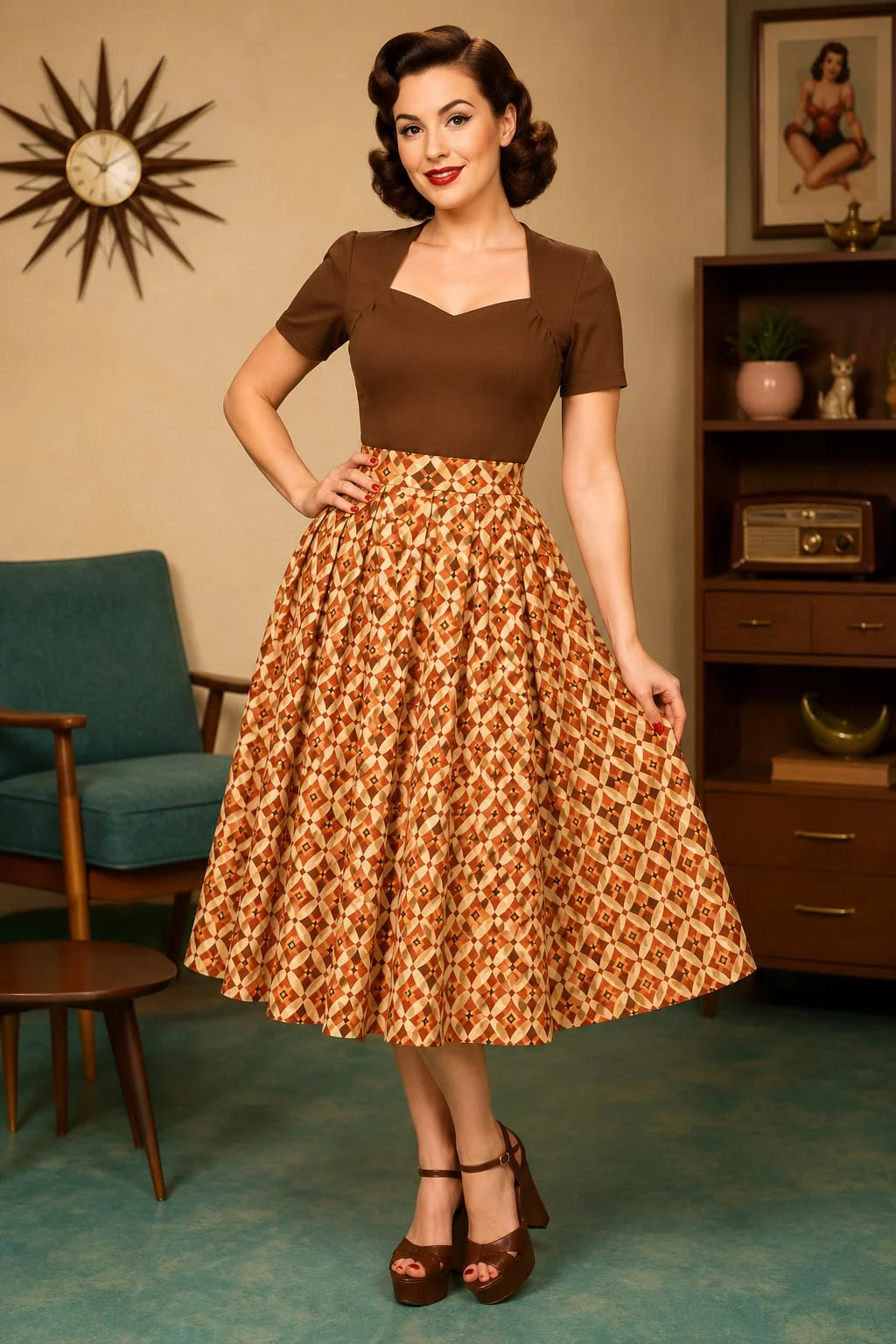 Aisley – Vintage-Swingrock mit Rautenmuster in Orange & Taschen