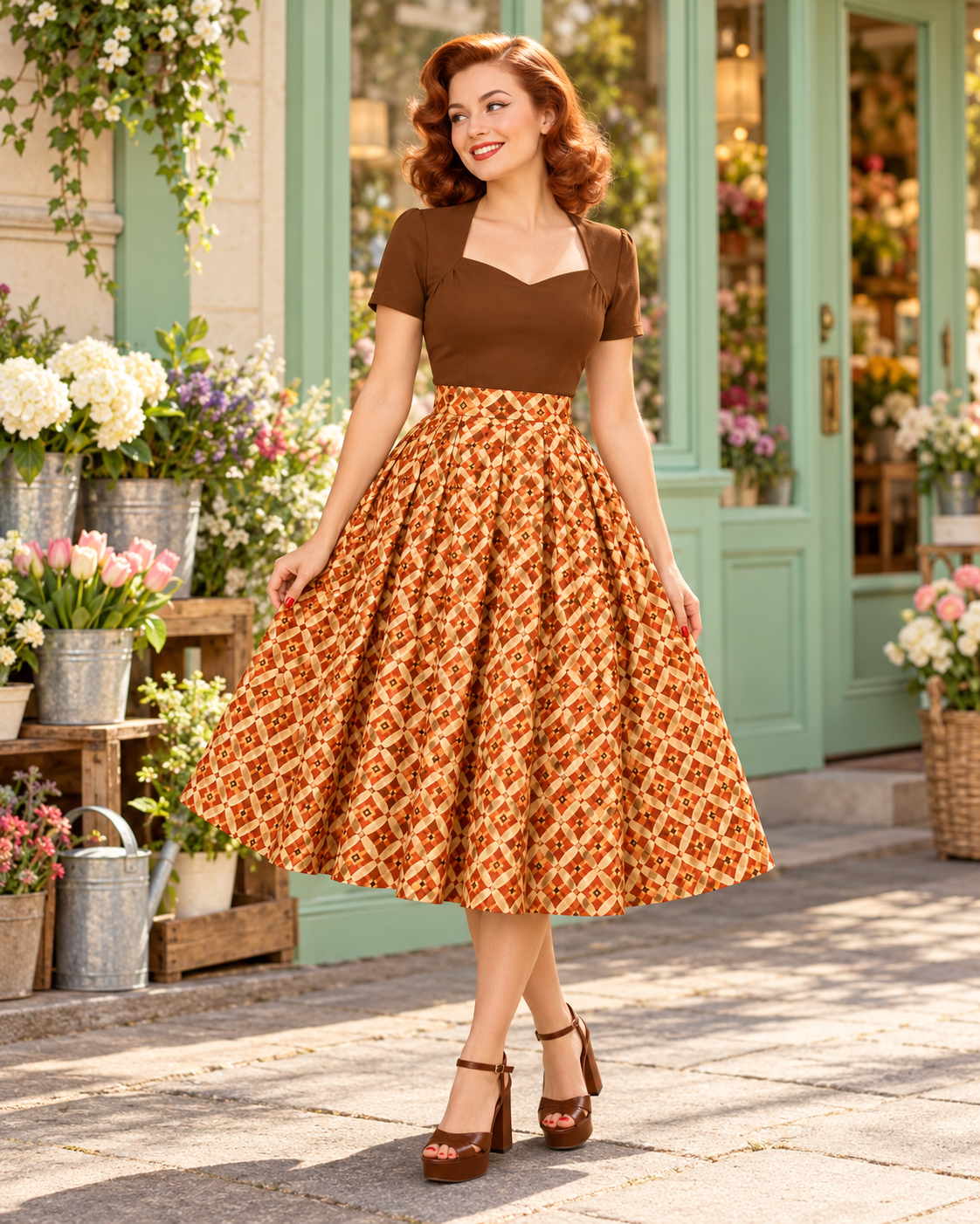 Aisley – Vintage-Swingrock mit Rautenmuster in Orange & Taschen