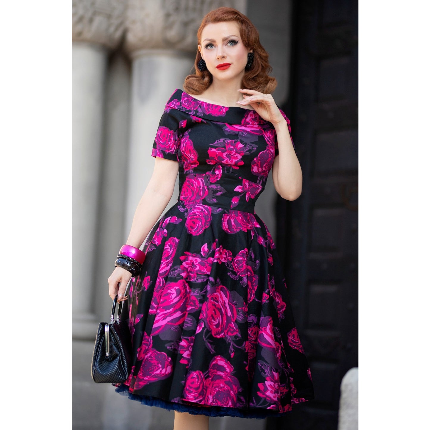Black & Pink Retro Roses Darlene Dress