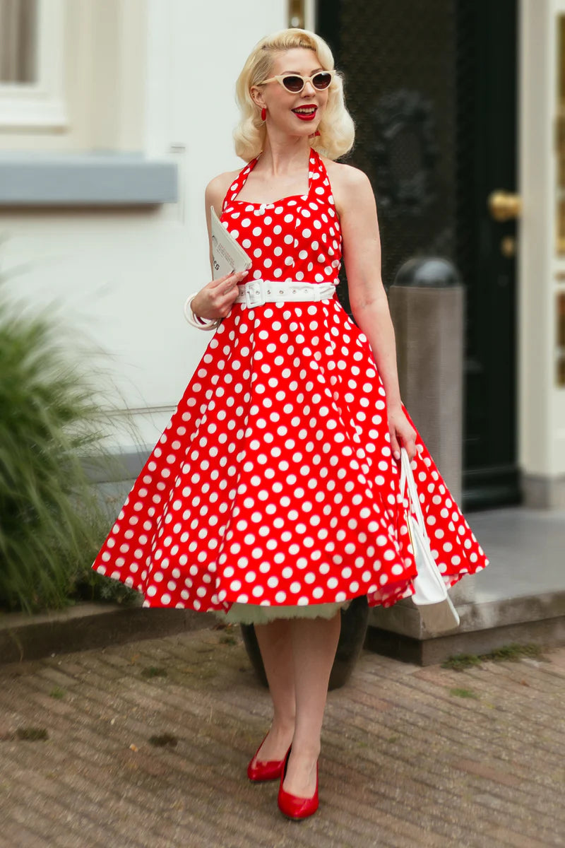 Red Daisy Neckholder-Kleid mit Polka Dots