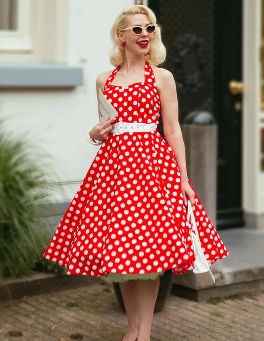 Red Daisy Neckholder-Kleid mit Polka Dots