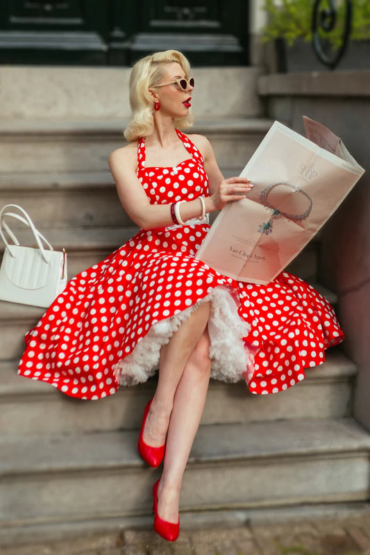 Red Daisy Neckholder-Kleid mit Polka Dots