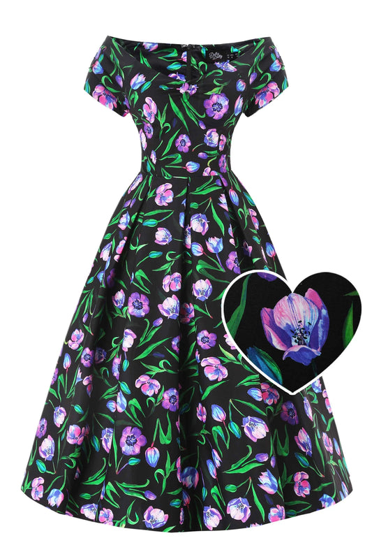 Black Tulip Lily Off Shoulder Dress