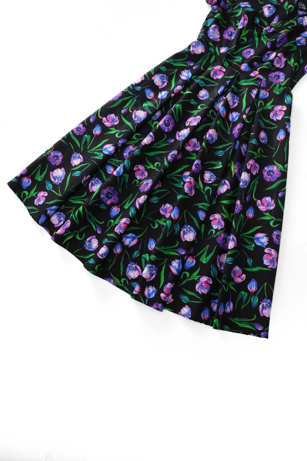 Tulip Lily Off Shoulder Dress - schwarzes Kleid mit Tulpen