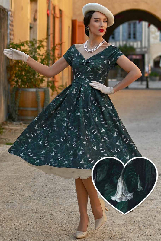 Dark Green Lily Dress - Offshoulder Kleid mit floralem Print