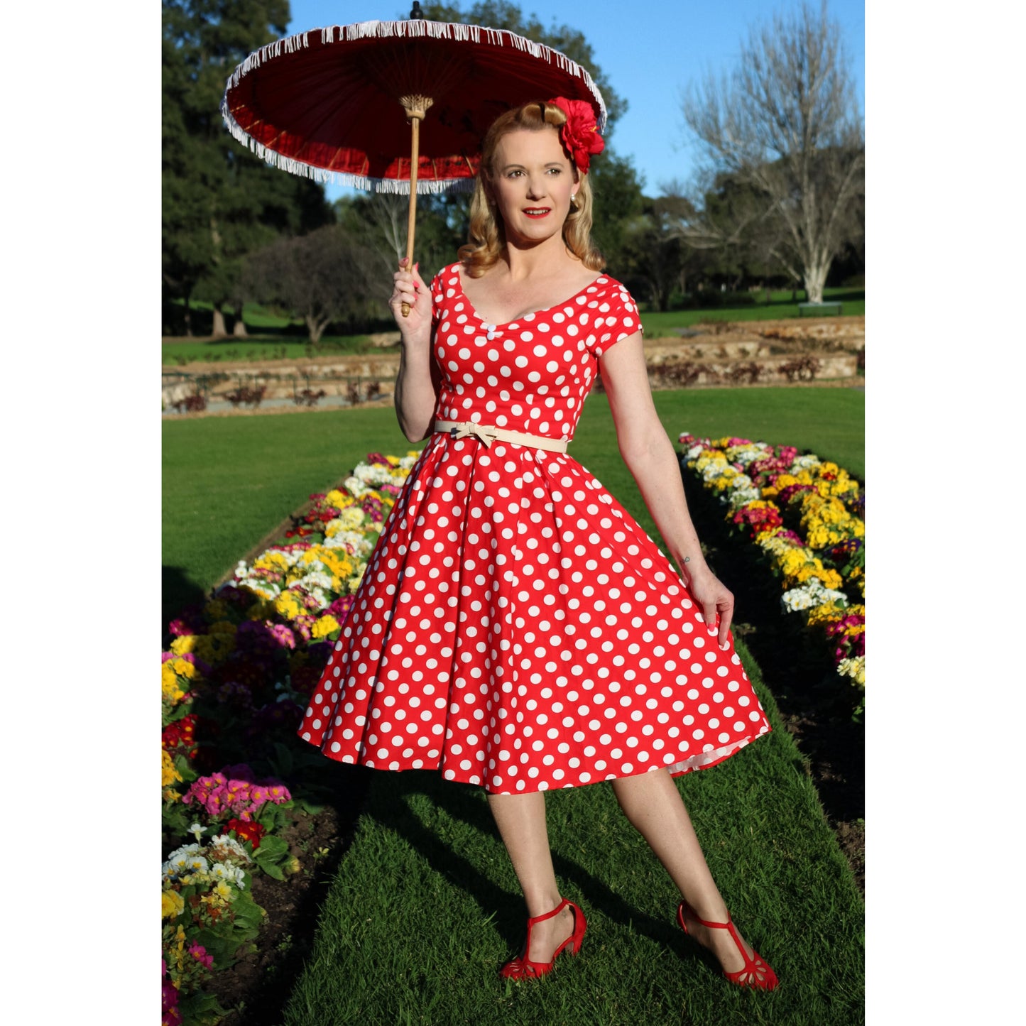 Lily Off Shoulder Kleid Polka Dot rot