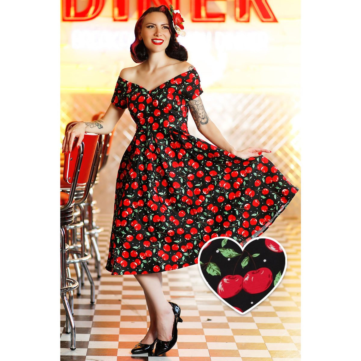 Lily Off Shoulder Cherry - Rockabilly Kirschenkleid