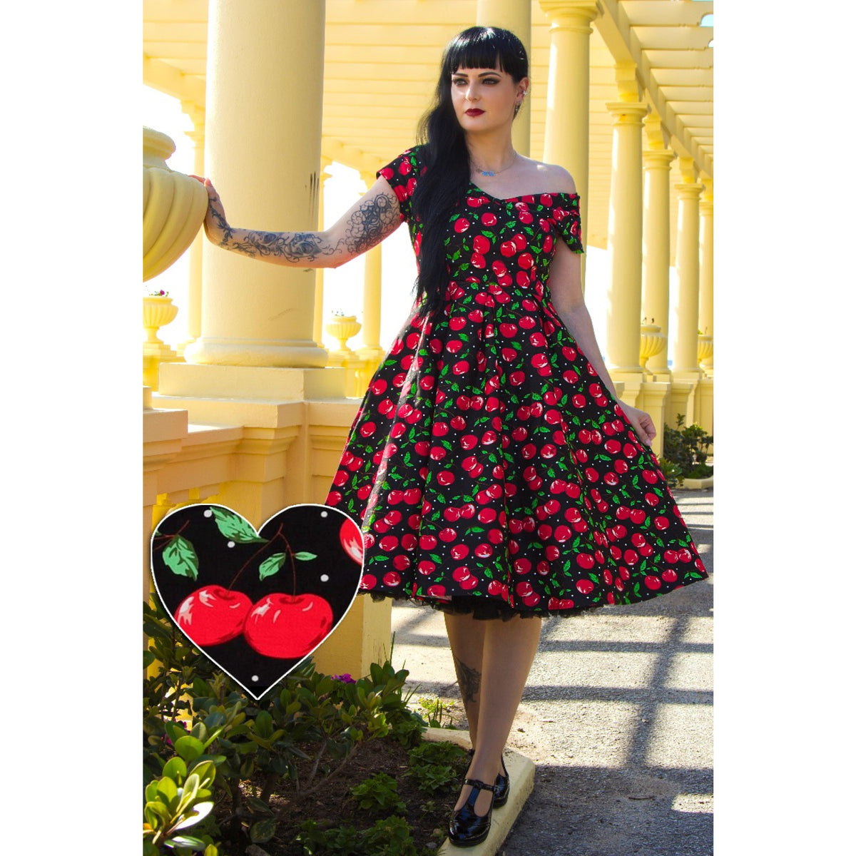 Lily Off Shoulder Cherry - Rockabilly Kirschenkleid