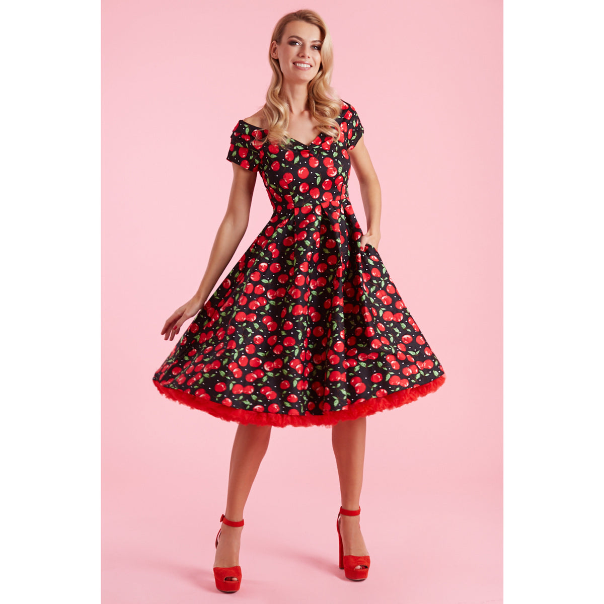 Lily Off Shoulder Cherry - Rockabilly Kirschenkleid