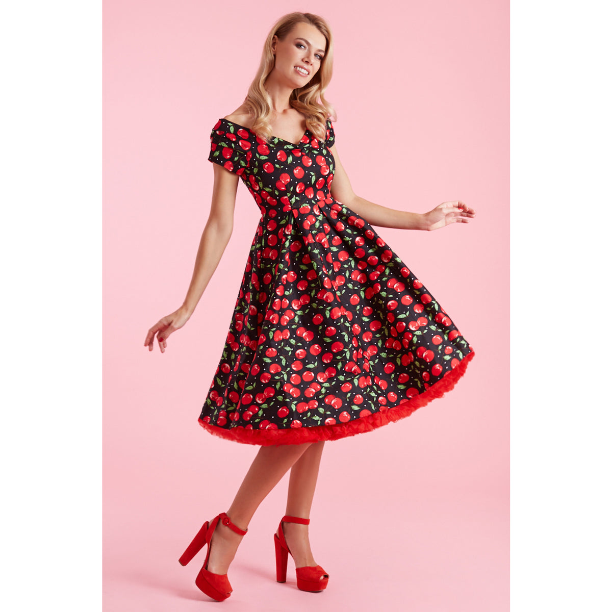 Lily Off Shoulder Cherry - Rockabilly Kirschenkleid