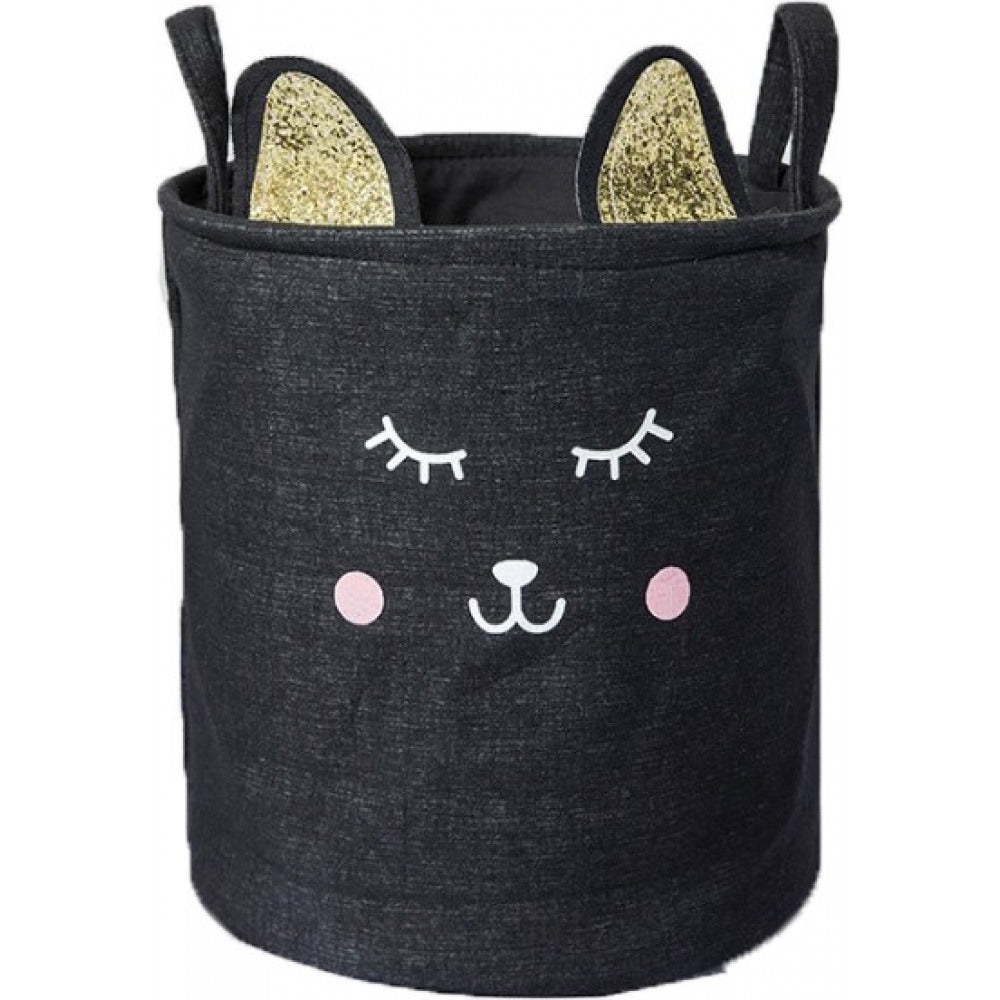 Schwarzer Aufbewahrungsbehälter mit Katzen-Gesicht und glitzernden Ohren auf hellem Hintergrund.