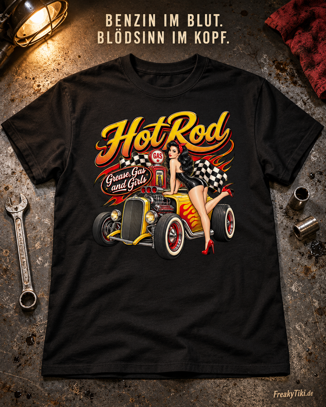 Grease, Gas & Girls – Hot Rod Pin-up T-Shirt