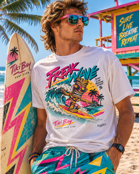 Model mit weißem Freak Wave Tiki Bay T-Shirt und Surfboard am Strand