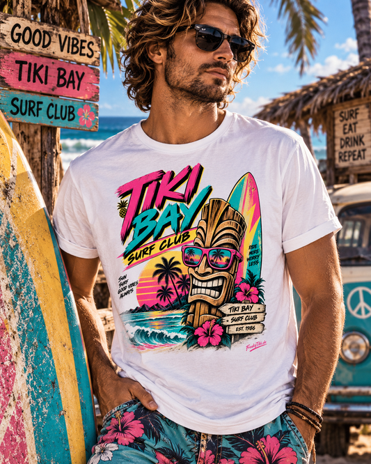 Tiki Bay Surf Club – 80er Retro Surfer T-Shirt