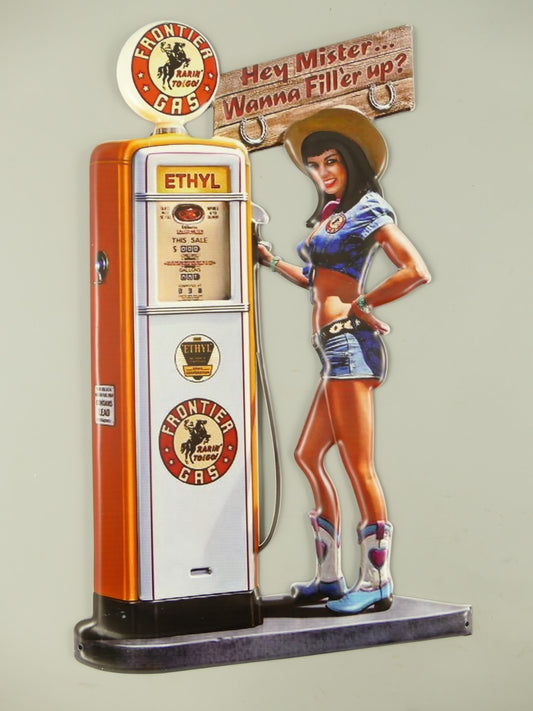 Blechschild Retro Zapfsäule mit Cowgirl 50 cm