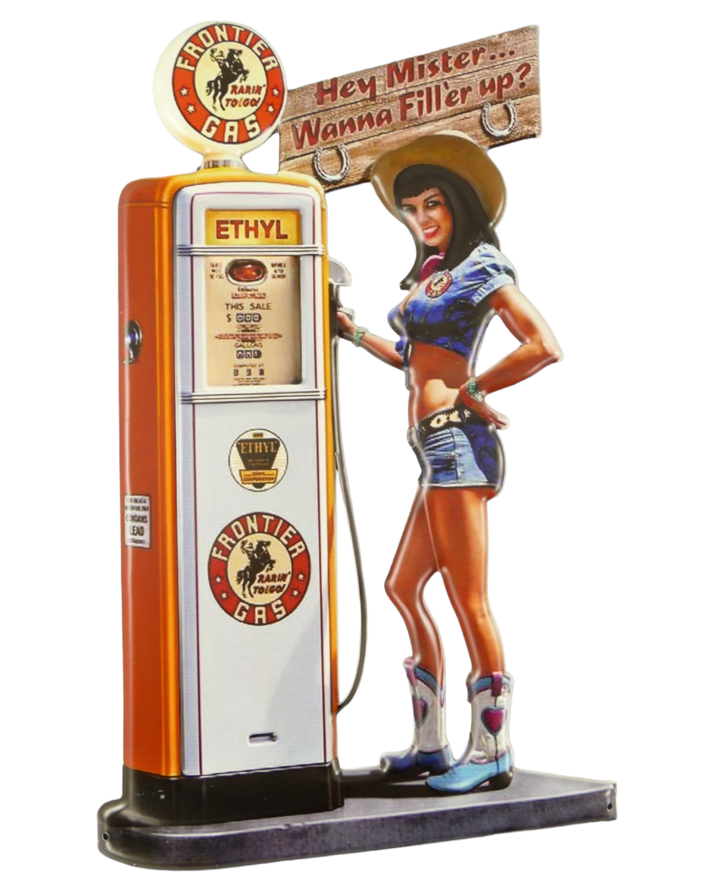 Blechschild Retro Zapfsäule mit Cowgirl 50 cm
