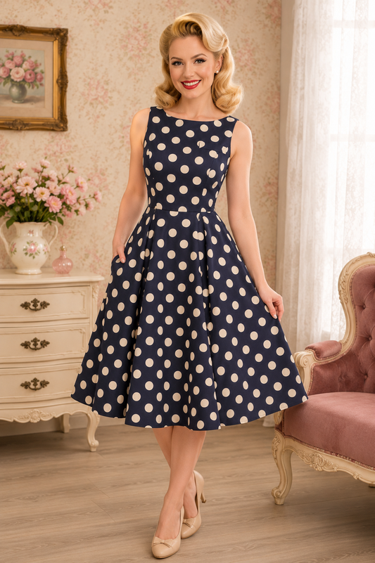 Mina Polka Dress in navy-blau mit cremefarbenen Dots