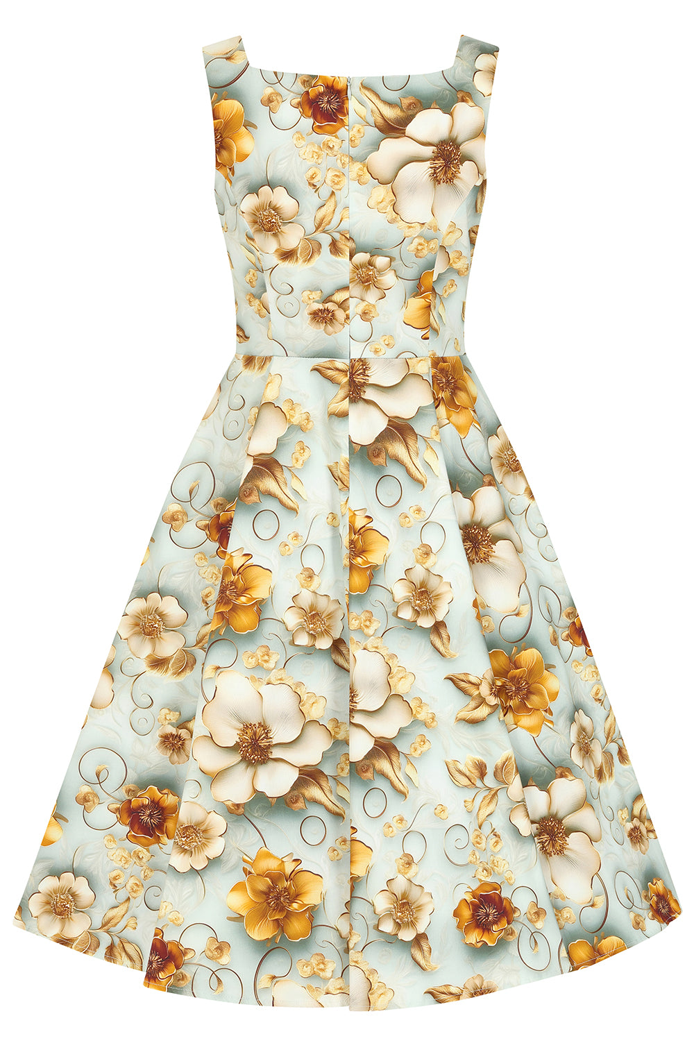 Rückansicht des Mavis Floral Swing Dress auf weißem Hintergrund