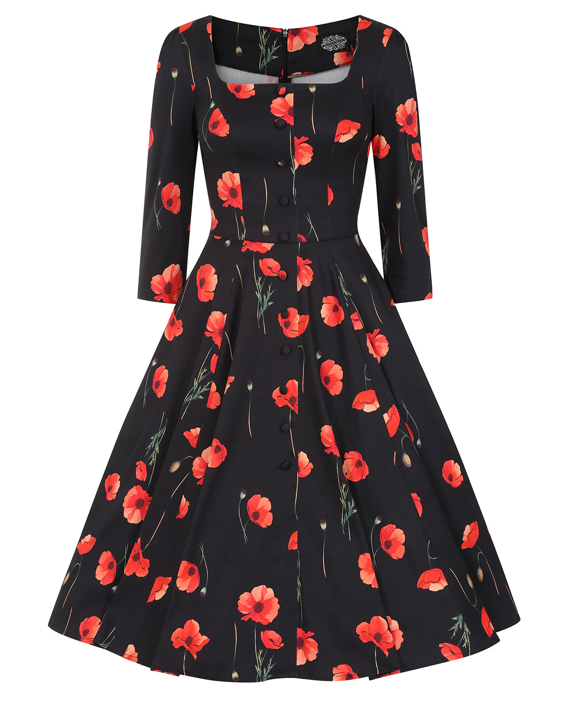 Rain Dress – schwarzes Kleid mit roten Mohnblumen und Taschen