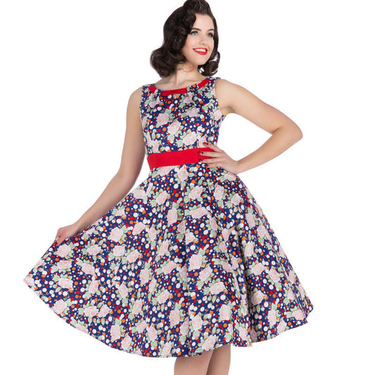 Navy Dot & Roses Dress - 50s Kleid mit Rosen und Punkten