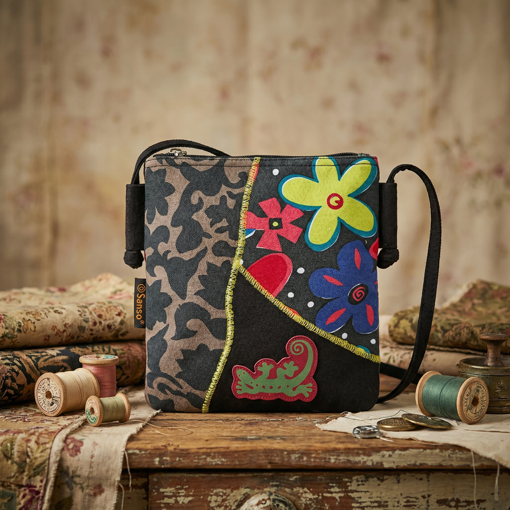 Bunte Patchwork-Schultertasche aus Baumwolle mit floralem Muster und langem Trageriemen.