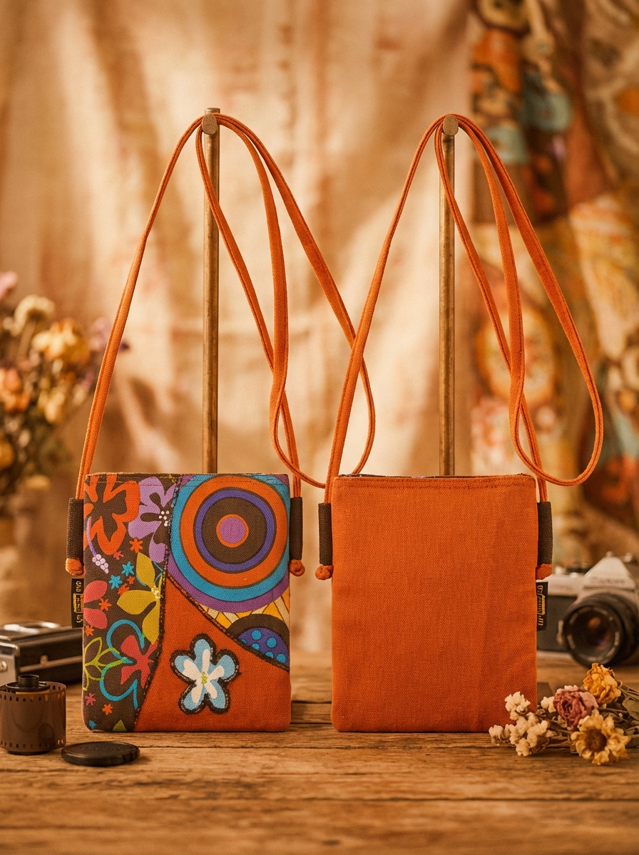 Zwei kompakte Umhängetaschen aus Baumwolle mit orangefarbenen Riemen, links Patchwork-Front mit bunten Blumen- und Kreismustern, rechts uni orangefarbene Rückseite, auf Holztisch mit Kamera und Trockenblumen.
