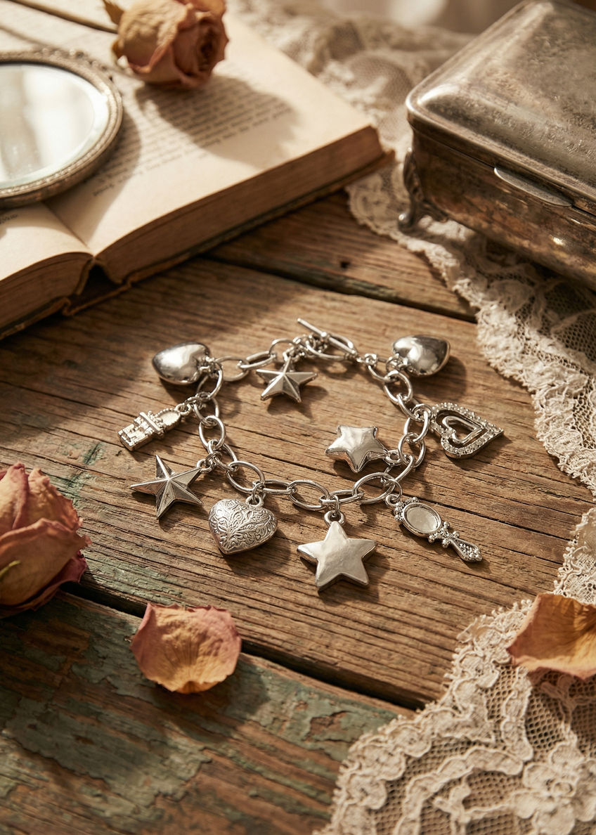 Vintage Bettelarmband in Antik-Silber mit Stern-, Herz- und Spiegelanhängern auf rustikalem Holztisch mit Spitze und getrockneten Rosen.