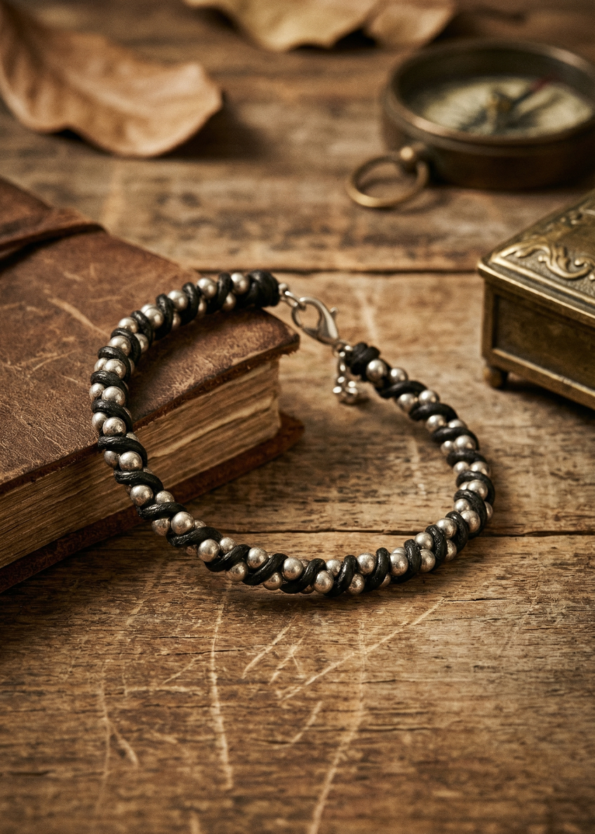 Black Silver Pearl Armband mit schwarzen Wicklungen und silbernen Perlen auf einem alten Buch arrangiert.