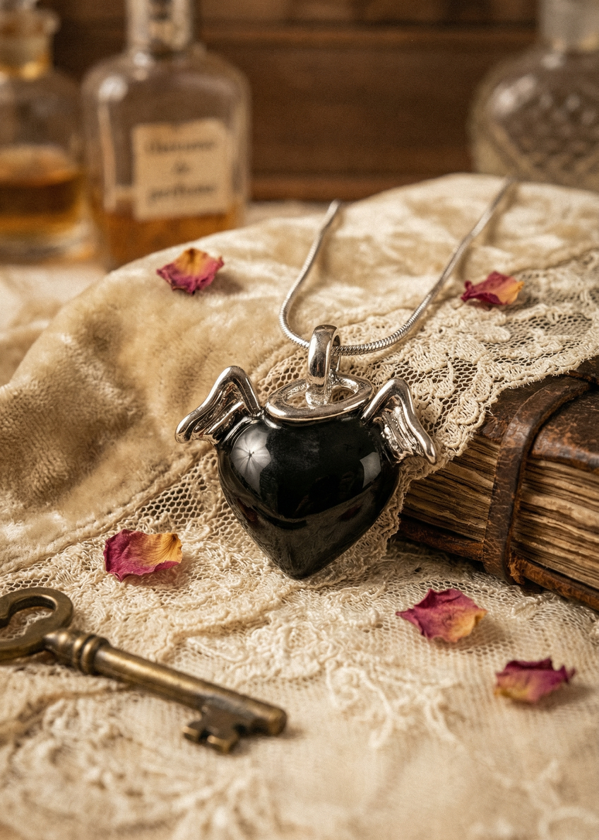 Schwarzer Herzanhänger mit Flügeln an Kette, dekoriert auf Spitze und Vintage-Unterlage