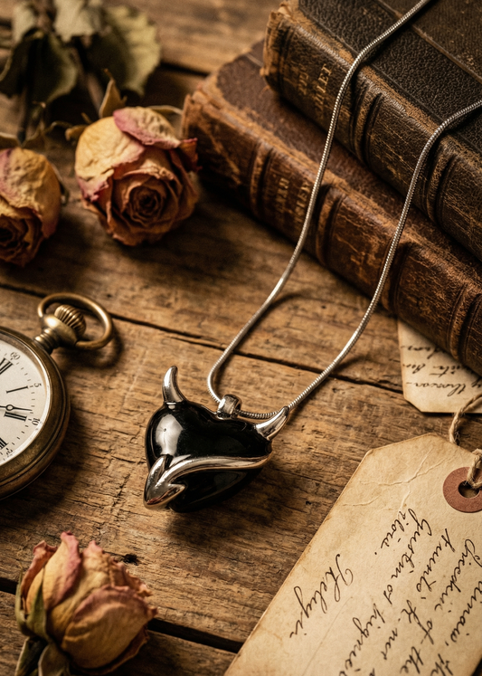 Halskette mit schwarzem herzförmigem Anhänger mit Hörnern auf Holztisch neben Taschenuhr und getrockneten Rosen.