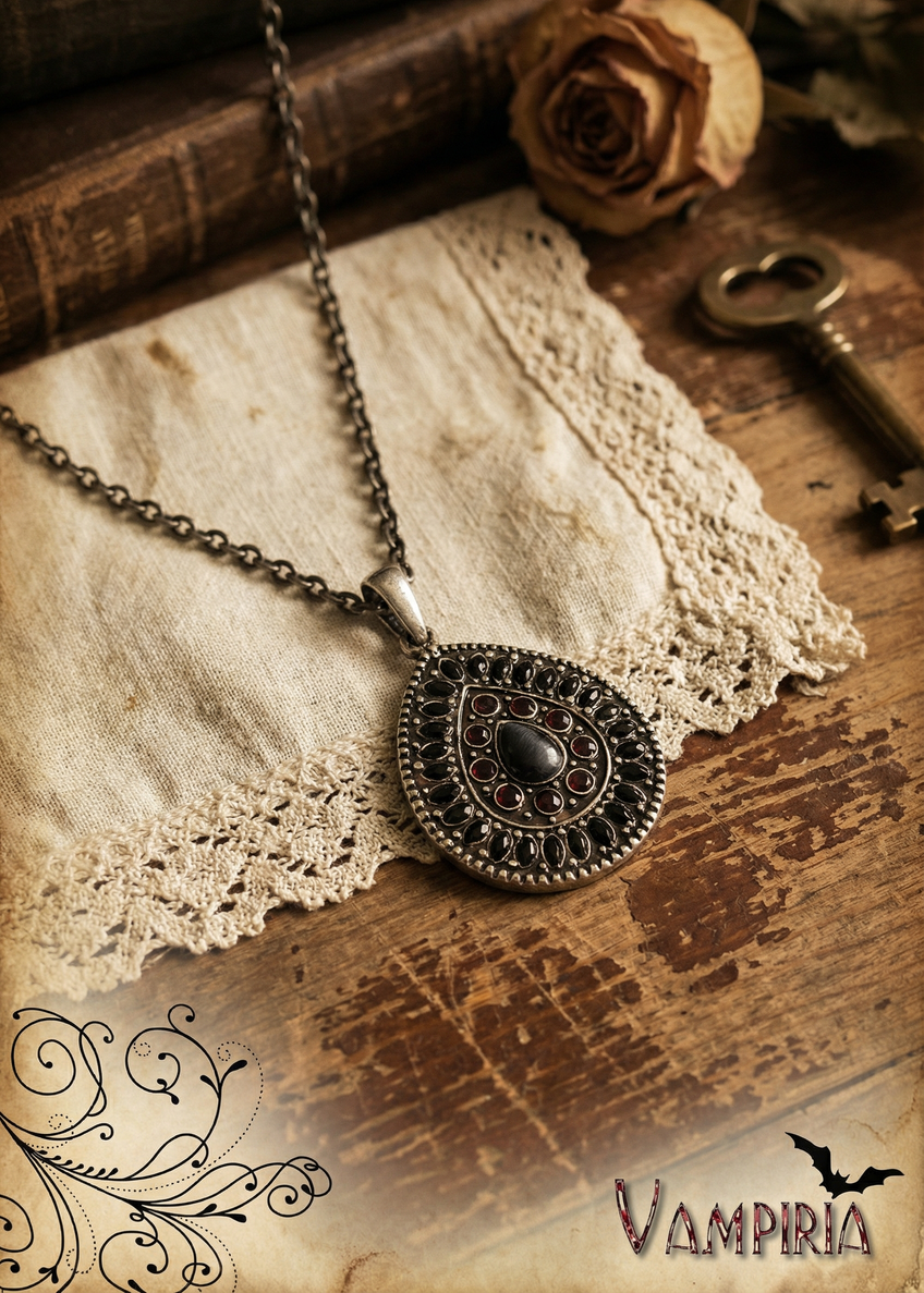 Gothic Halskette mit tropfenförmigem Anhänger und dunklem Cat-Eye-Stein auf Holzuntergrund