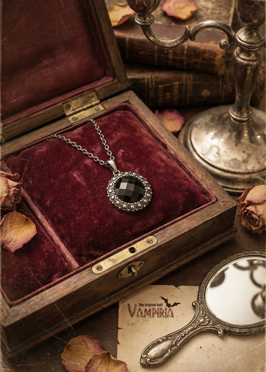 Gothic Medaillon Kette mit schwarzem Stein in geöffneter Holzschatulle auf rotem Samt.