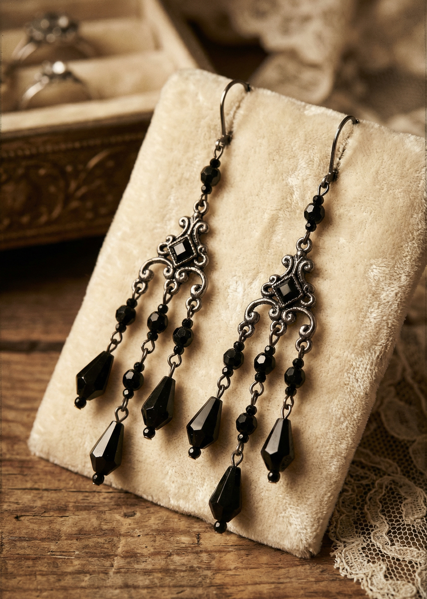 Lange Vintage-Ohrringe mit schwarzen Perlen und filigranem Ornament-Design auf Schmuckhalter.