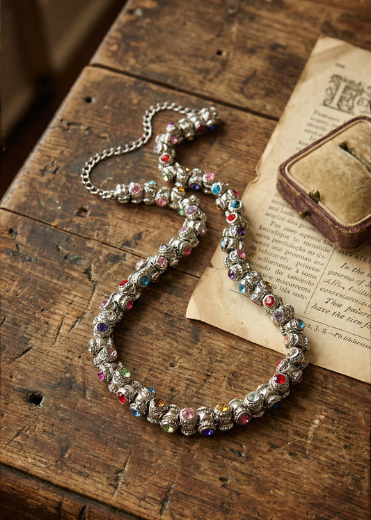 Vintage Collier mit vielen bunten Schmucksteinen liegt auf einem Holztisch neben Papier und Schmuckschatulle.