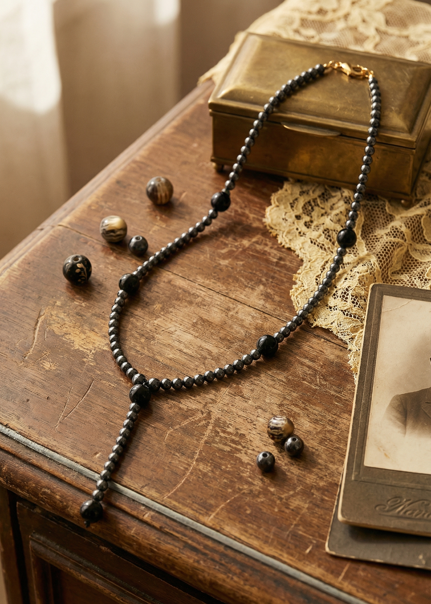 Langes Hämatit Collier liegend auf Holztisch mit dunklen Perlen und dekorativen Steinen