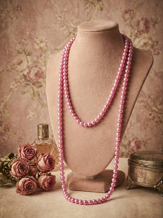 Lange pinke Perlenkette ohne Verschluss auf heller Büste mit Spitze, Holztisch, Buch und getrockneter Rose.