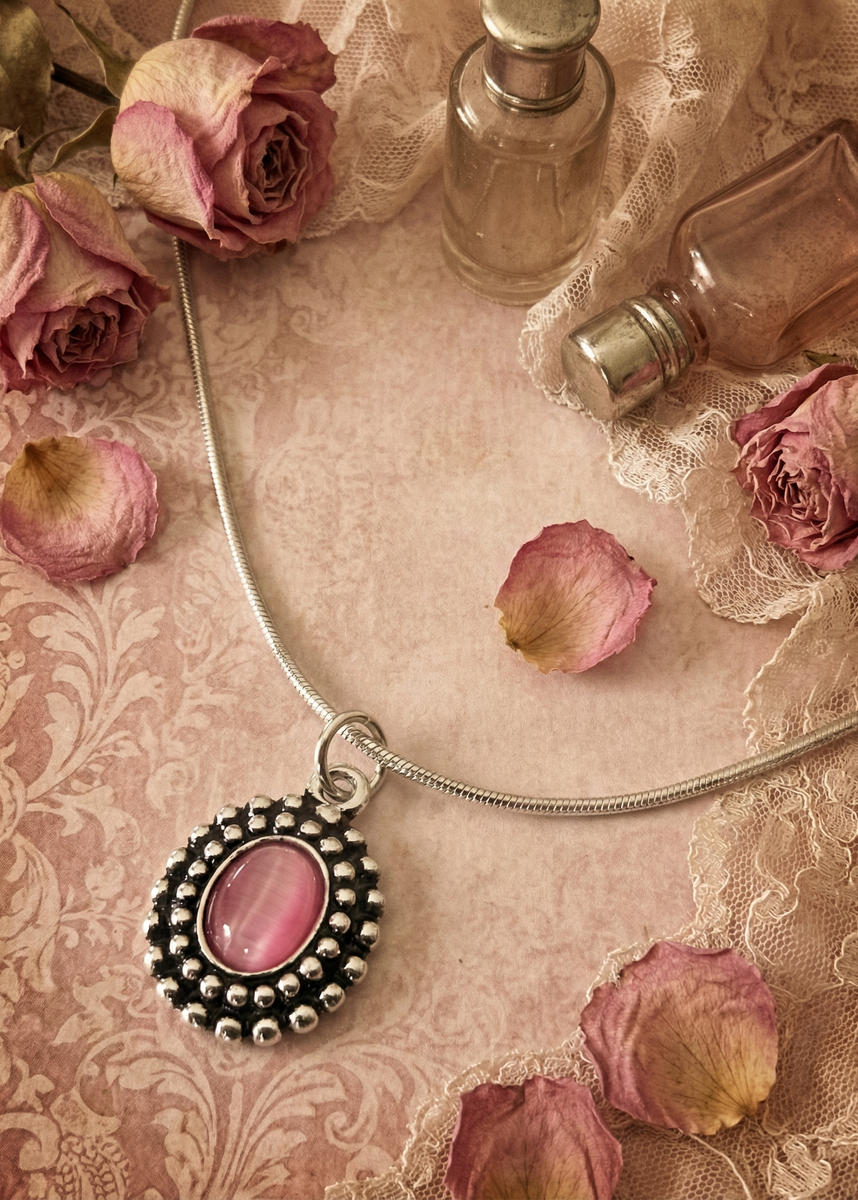 Silberfarbene Schlangenkette mit ovalem rosa Amulettanhänger auf rosa Untergrund mit getrockneten Rosen und Spitzenstoff.