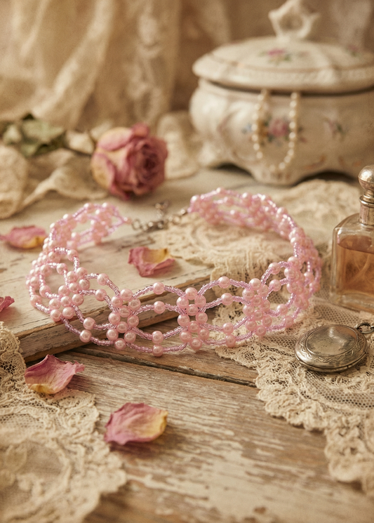 Rosa Lolita-Perlen-Choker mit floralem Perlenmuster auf Holzuntergrund mit Spitze, Glasflakon und getrockneten Rosenblättern.